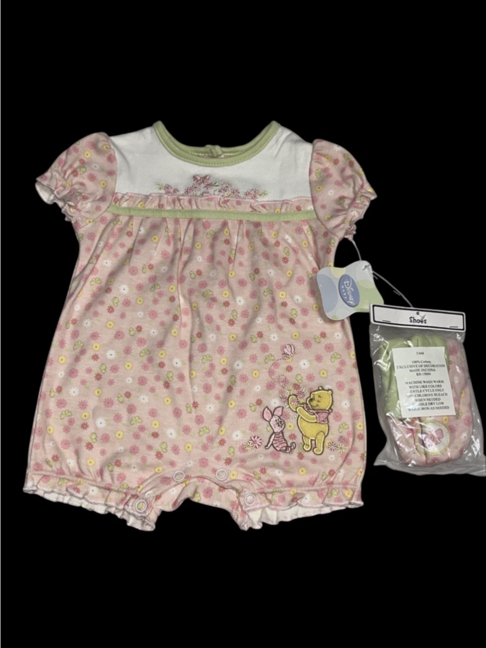 Vintage DISNEY Embroidered Winnie the Pooh Piglet Romper w/ Shoes New 3-6 Months